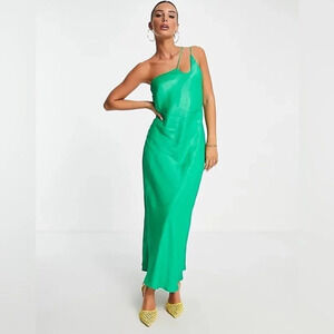 MANGO Asymmetrical Satin Effect One Shoulder Long Dress Green Size Small